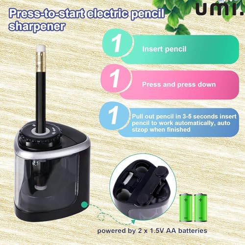 Image of Amazon Brand - Umi Electric Pencil Sharpener, Portable Battery-Powered Sharpener with Transparent Shavings Box, Fits 6-8mm Pencils, Dual Automatic & Manual Modes for School, Office, Home Use (Black)
