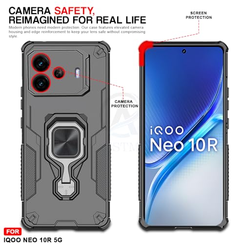 Image of AESTMO Armor Back Cover for iQOO Neo 10R 5G | Ring Holder & Kickstand & Camera Protection in-Built | 360 Degree Protection Back Case Cover (Black)