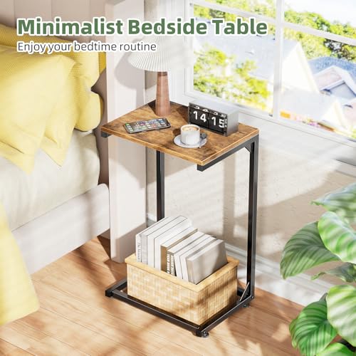 Image of Simple Trending C Shaped Side Table, Small End Table Set of 2, TV Trays Sofa Couch Table for Living Room, Bedside, Rustic Brown