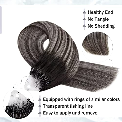 Hetto Micro Beads Hair Extensions Balayage Black Mix Silver 22 Inch, Straight Micro Rings Real Human Hair Prebonded - Image 3