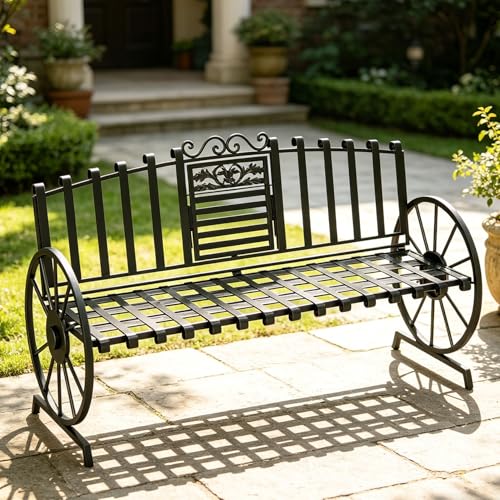 Boweniog Outdoor Bench Patio Outdoor Garden Bench with Built-in Table, Wagon Wheel Arms, 3 People Outdoor Bench Garden Bench Front Porch Furniture (Black)