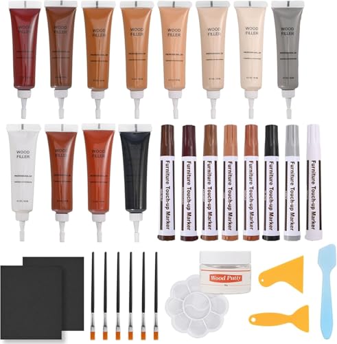 Image of Furniture Wood Repair Kit, Wood Markers for Scratches,12 Colors Wood Fillers for Stains and 8 Colors Furniture Markers Touch-up, Scratch, Cracks, Hole