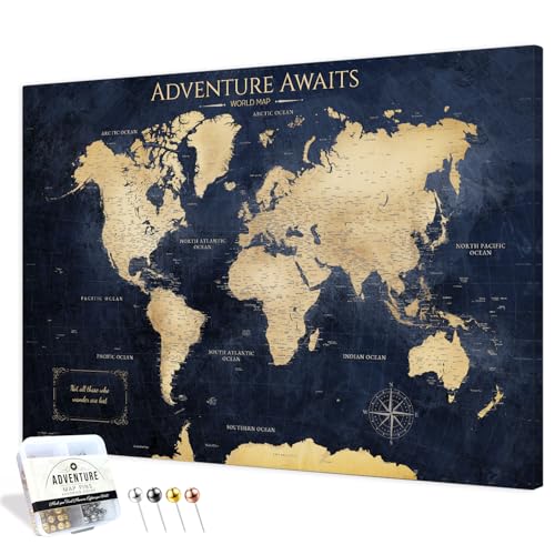 Image of IPIC - Vintage Teal World Map Pin Board Canvas Wall Art, Travel Map with Pins Included, Ready to Hang for Home or Office 36x24 Inch