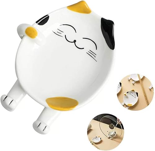 OURASHERO Soporte de cuchara de cerámica multifuncional para cocina, con forma de gato, soporte para utensilios de cocina, soporte para tapa de