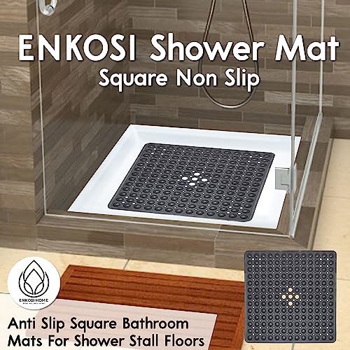 Image of ENKOSI Non-Slip Square Shower Mat 21 x 21 inch - Anti-Slip PVC Bath Mat for Inside Shower Stalls - Durable Shower Floor Mat with Suction Cups and Drain Holes (21x21 Clear Blue)