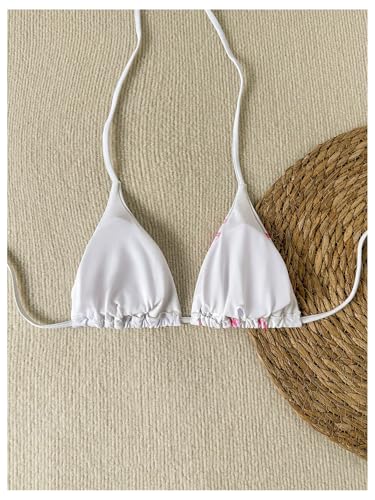 WDIRARA Women's Boho Triangle Halter Bikini Tops Floral Tie Back Smocked Swimsuit Top2