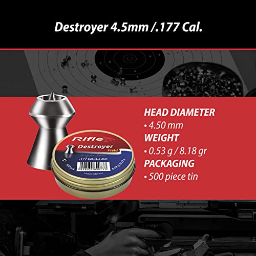 Rifle Destroyer Air Gun Pellets | .177 Caliber | 4.5 Mm | 8.18 Gr | Hollow Head With Pointed Tip Designed For Hunting | 500 Count #TOP1