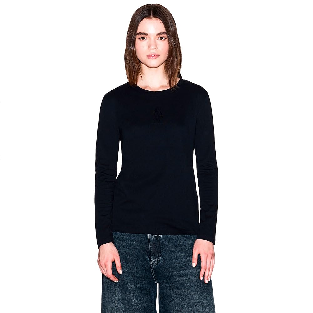 Armani Exchange Women's Black Rhinestone Embellished Long Sleeve Cotton T-Shirt With Round Neck - Long Sleeve T-Shirts - M- Tops