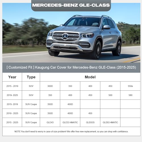 Image of Kaugung Car Cover Custom Fit Mercedes-Benz GLE350 GLE400 GLE45 (2015-2026), 6 Layers Waterproof All Weather for Automobiles Full Exterior Cover Rain Sun Snow Protector with Door Zipper. Silver