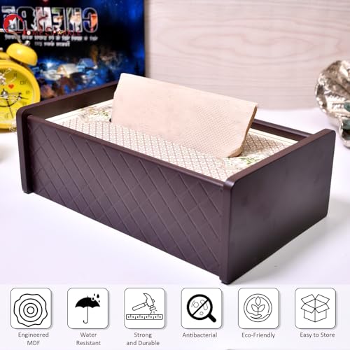 Image of Home Sparkle Tissue Paper Box Holder for Car, Home Decor, Gifting & Office Desk - Rectangular MDF with Elegant Vinyl Print Design - Brown Finish (C7V8)