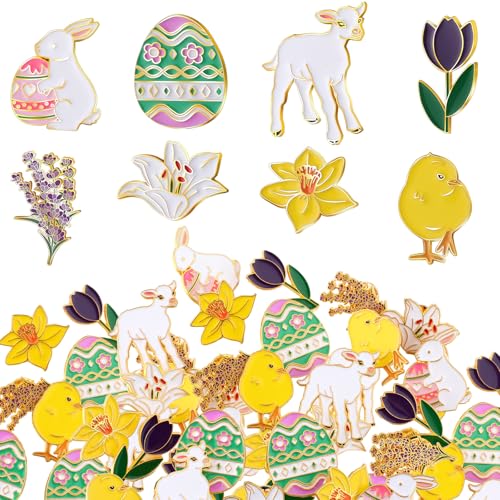 Hoteam 24 Pcs Easter Enamel Lapel Pin Set Bulk Spring Easter Egg Bunny Lily Flower Tulip Flower Lapel Pins Chick Brooch Button for Clothing Backpack Spring Holiday Gift Party Supplies