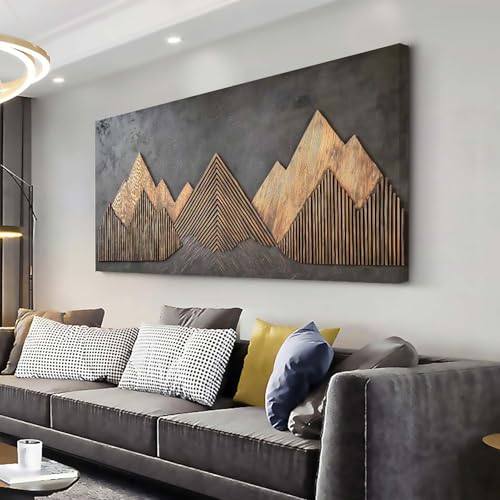 ZESTRILIA Brown Wooden Mountain Range Wall Art for Living Room Canvas Painting Prints Art Deco Artwork Office Bedroom Decor (40x20 Inches)