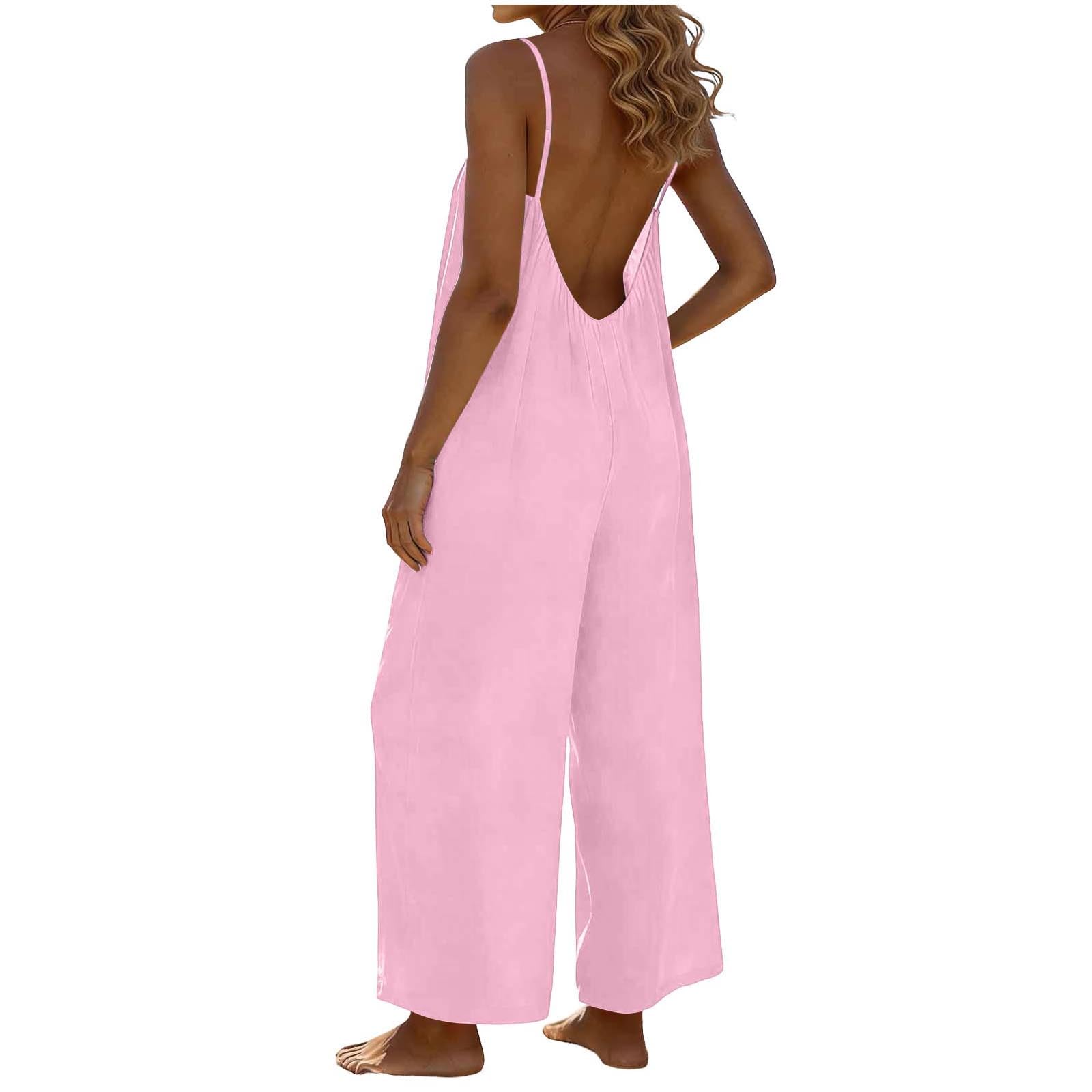 RLEHJN Jumpsuit Damen Sommer,Ärmellos Overall Lang Casual Hosenanzug Sexy V-Ausschnitt Spaghettiträger Romper Loose Fit Playsuit Elegant Einteiler Weites Bein Latzhose Freizeithose mit Taschen