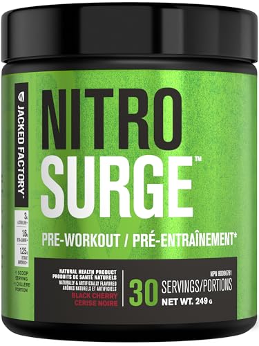 Jacked Factory NITROSURGE Pre Workout Supplement - Endless Energy, Instant Strength Gains, Clear Focus and Intense Pumps - NO Booster & Powerful Preworkout Energy Powder - 30 Servings, Black Cherry
