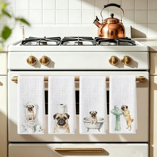 Image of Hanamiya Na 4 Pcs Funny Pug Bathroom Hand Towels 24x14 Inch, Pug Gifts Absorbent Microfiber Dish Cloth Towel, Pugs Mom Gifts Waffle Weave Hand Towels for Toilet Home Dog Bathroom Decor