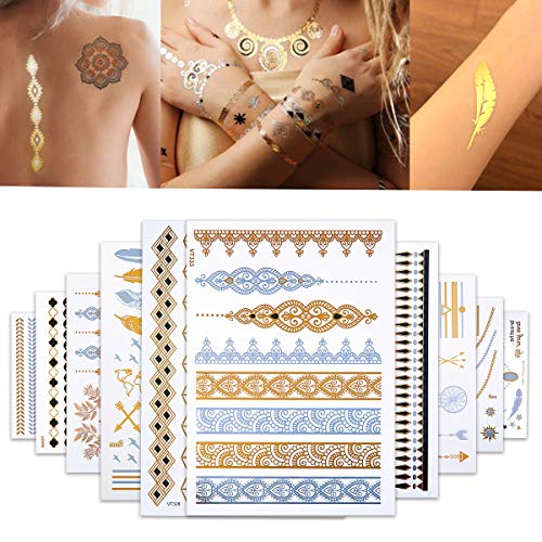 Skymore 10 sheets Metallic Temporary Tattoos, Gold Silver Flash Adhesive Tattoos, Temporary Tattoo Stickers Waterproof, Body Art Temporary Tattoos Paper for Women Teens Girls