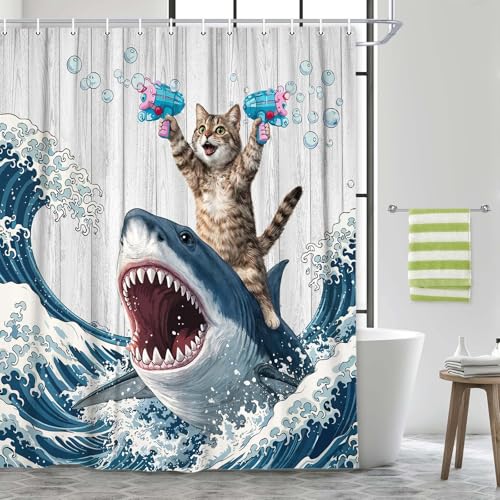 Image of Funny Cat Shower Curtain, Fun Cat Riding Hilarious Shark Surfing Ocean Waves Shower Curtains for Bathroom Whale Cool Blue Bath Curtain Waterproof Fabric with 12 Hooks 72x72 Inch