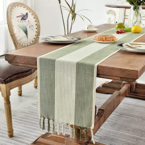 image for Wracra Cotton Linen Sage Green Table Runner 180cm Long with Hand-tasse