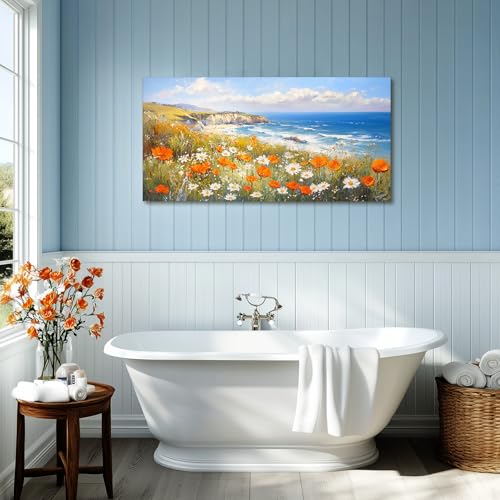 crmotu Coastal Wall Art, Flower Pictures Wall Decor, Large Landscape Wall Art, Wildflower Field Art Prints, Ocean Aesthetic Paintings for Living Room Bedroom Hotel, Office Wall Decor 24x48inch