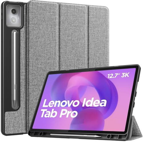 MoKo Funda para Lenovo Idea Tab Pro 12,7 Pulgadas 2025 con Lápiz, Ultra-Fina Funda Plegable Auto Sueño/Estela, Protectora de Cuero PU para Lenovo Idea Tab/Xiaoxin Pad Pro, Gris