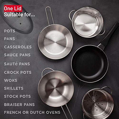 Bezrat Universal Round Lid For Pans, Pots And Skillets Vented Tempered Glass With Graduated Rim Fits 10, 11, 12 Inch Cookware – Heat Resistant Handle – Food Safe - Microwave Safe – Dishwasher Safe #TOP1