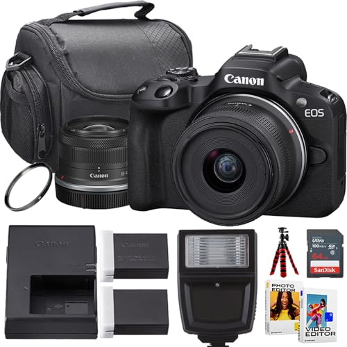 Canon EOS R50 Mirrorless Camera w/18-45mm Lens + Sandisk 64GB Ultra Memory Card + Camera Case + More (12pc Bundle) (Renewed)