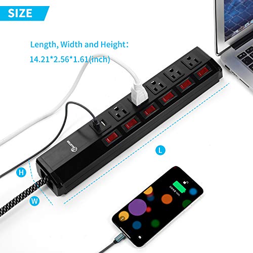 Eco-Friendly Metal Power Strip with USB, Individual Switchs Circuit Breaker, Long 6 feet Extension Cord 3 Prong, 5 Outlet & 2 USB, Wall Mountable Black Electrical Power Strip for Home Office - Thumbnail 7