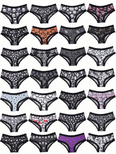 Morvia 10er-Pack Hipster-Höschen für Damen Gothic-Stil kontrastierende Spitze Halloween Totenkopf und Rosen 10 Stück M