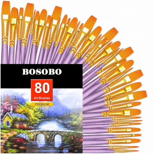 Image of BOSOBO Assorted Nylon Acrylic Artist Paint Brushes Set,Purple,80 Pcs