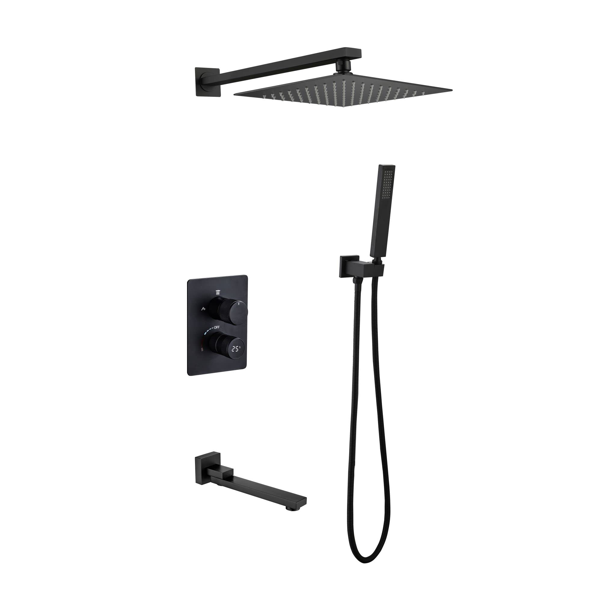 WOTZOV Shower System Wall Mounted Faucet Set With Led Digital Display Combo 3 Functions Rain Mixer With 10 Inches Square Head, Bathtub Spout, Handheld,Black，Nero