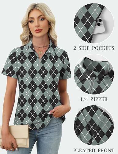 Image of LOMON Womens Golf Polo Shirts Summer Short Sleeve 1 /4 Zip Tops Moisture Wicking Casual Tennis Activewear with Pockets