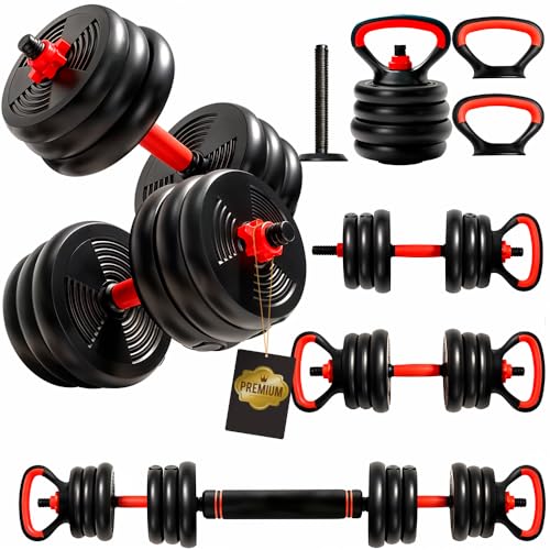 ManiBoom Pesas y Mancuernas Ajustables ANTIDESLIZANTES - Mancuernas 10kg 15kg 20kg 30kg 40kg 50kg Hexagonales con Barra Regulables y Cierre de SEGURIDAD - Kit de Ejercicio (25 KG + Kettlebell)