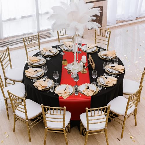 Image of 12Pack 12x108 Inch Satin Table Runner and 84 Inch Round Plastic Tablecloths Set Black and Red Disposable Round Table Cover for Graduation Wedding Bridal Shower Anniversary Birthday Party Decorations
