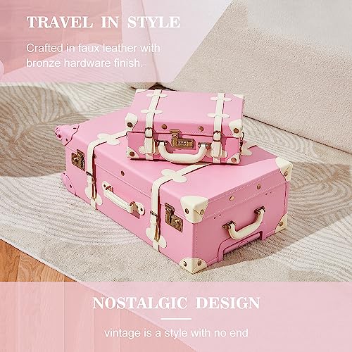 Image of UNIWALKER Vintage Pink Suitcase Set, 3 Piece Retro Trunk Luggage with Spinner Wheels TSA Lock and Cosmetic Train Case for Women, 26 inch+20 inch+12 inch