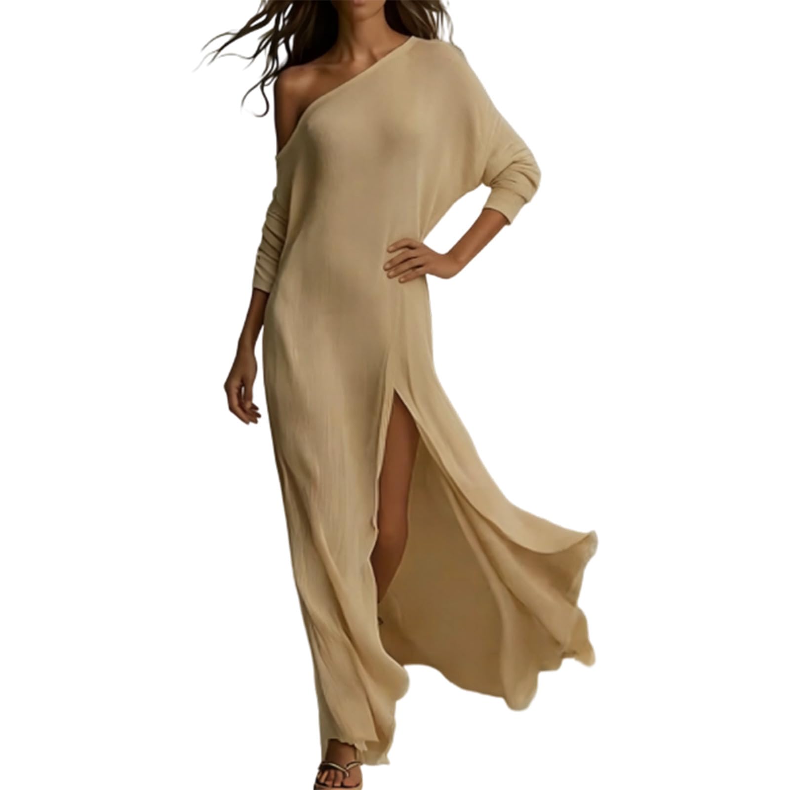 Generisch Elegante abito a maniche lunghe in maglia a lunghezza midi con volant e spacco laterale per abbigliamento estivo casual per tutti i giorni e in ufficio