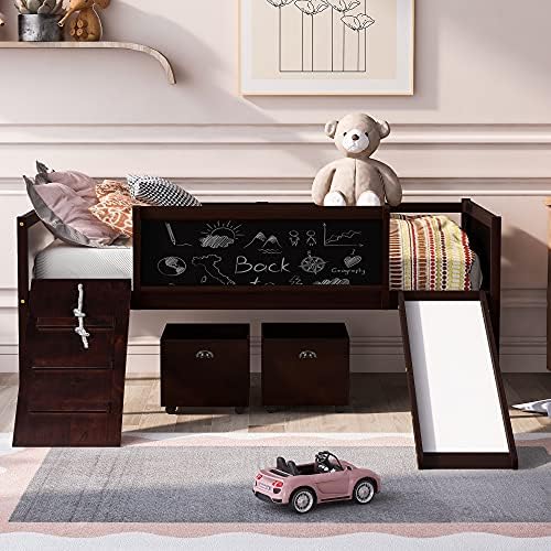 CITYLIGHT Low Loft Bed with Slide,Wood Twin Loft Bed for Kids,Loft Bed Twin with 2 Toy Boxes and Decorative Guardrail Chalkboard, Junior Loft Bed Frame for Girls Boys Toddler,Espresso