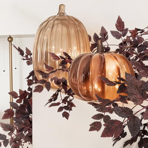 Image of Neutral Fall Garland for Mantle Fireplace - 2 Pack 6Ft Plum Cimicifuga Seeded Leaf Garlands Purple Autumn Decor Table Decorations for Home Indoor Door Halloween Realistic Leaves Garlands Outdoor