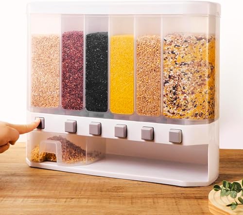 Image of Plastic Space-Saving 6 Grid Wall Mounted Food Dispenser Dry Food Storage Organizer for Rice Nuts Grains Snacks Coffee and Candy.