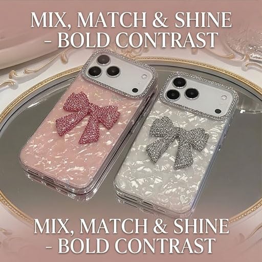 Image of mobistyle Compatible with iPhone 17 Pro Max | Rhinestone Bow Elegant Heart Shell Pattern and Camera Lens Protection Back Cover Case for Women Girls iPhone 17 Pro Max (White)