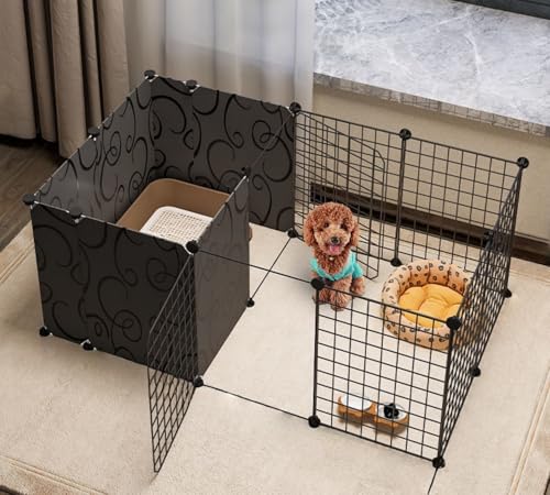 ペットフェンス ドア付 透明犬猫うさぎ バリアゲート 収納ラック付き 小動物フェンス 小犬ケージ 置くだけ 柵 自立 ケージ 組立簡単 ペット サークル 軽量 持ち運び便利 脱走防止 自由 組み立て柵 組立簡単 (黒, 127*75*47, 8)