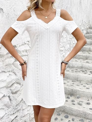 AELSON Womens Sexy Summer V Neck Dress Short Sleeve Off Shoulder Crochet A Line Dresses4