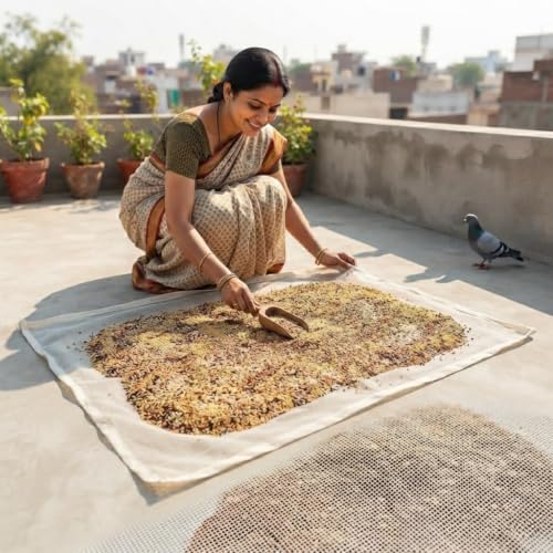 Image of Papad Drying Cloth with Zipper Net Cover | Pure Cotton Food Drying Cloth for Papad, Vadagam, Appalam, Fryums, Spices, Grains & Herbs | Reusable Sun Drying Mat | 75 x 100 cm