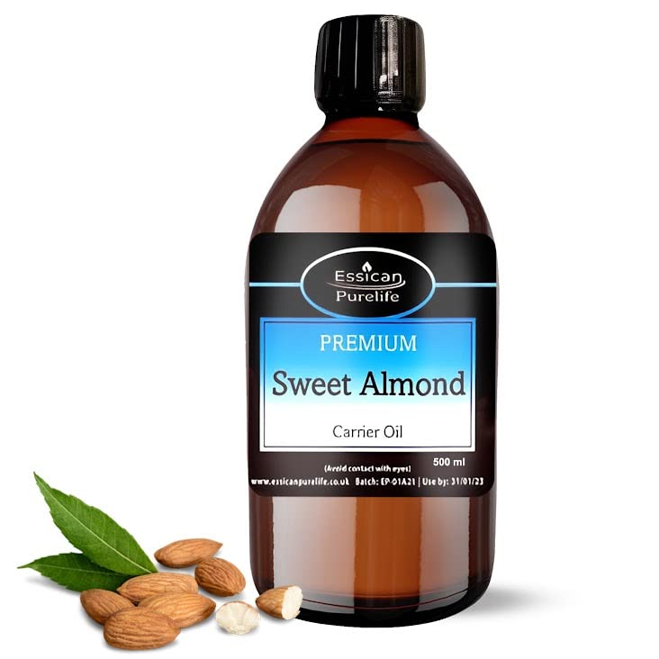 Essican PurelifePure Sweet Almond Oil for Hair, 500ml Cold Pressed Almond Oils for Massage, Carrier Oil for Essential Oils Mixing Ideal for Massage, Moisturising Face, Skin, Ear, Body, Cruelty-Free
