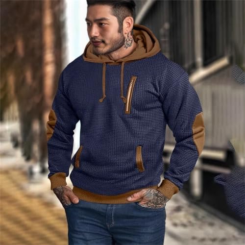Mens Waffle Hoodies 1/4 Button Vintage Casual Quilted Hooded Sweatshirts with Elbow Patches Tactical Workout Pullover3