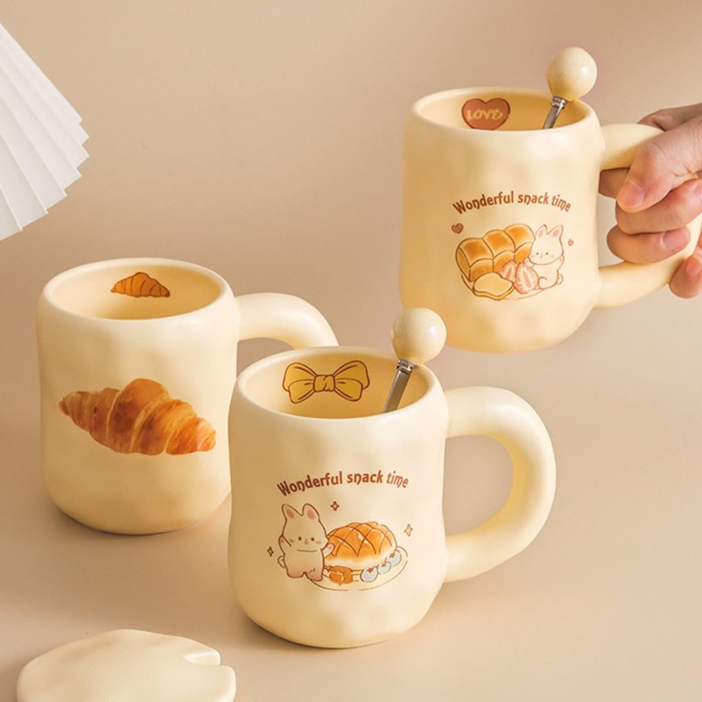 Juego de Tazas de café de cerámica Color Caqui, Redondas, Grandes, con Tapa y Cuchara, para Oficina, para Hombres y Mujeres, 480 ml/16,2 oz