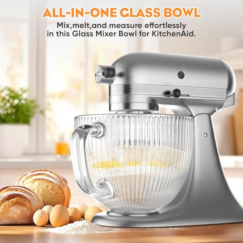 Image of Cofun Glass Mixer Bowl for Kitchenaid Tilt-Head Stand Mixers 4.5-5 Quart, 5 qt Mixing Bowl Replacement for Kitchen aid with Measurement Markings,Handle