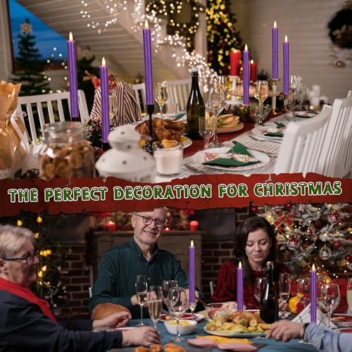 Image of Purple Flameless Taper Candles with Remote, 3 Pack Real Wax Battery Operated Candles, 9.6 Inch Flickering Led Christmas Candlesticks Decorations for Winter Home Holiday Xmas Gift