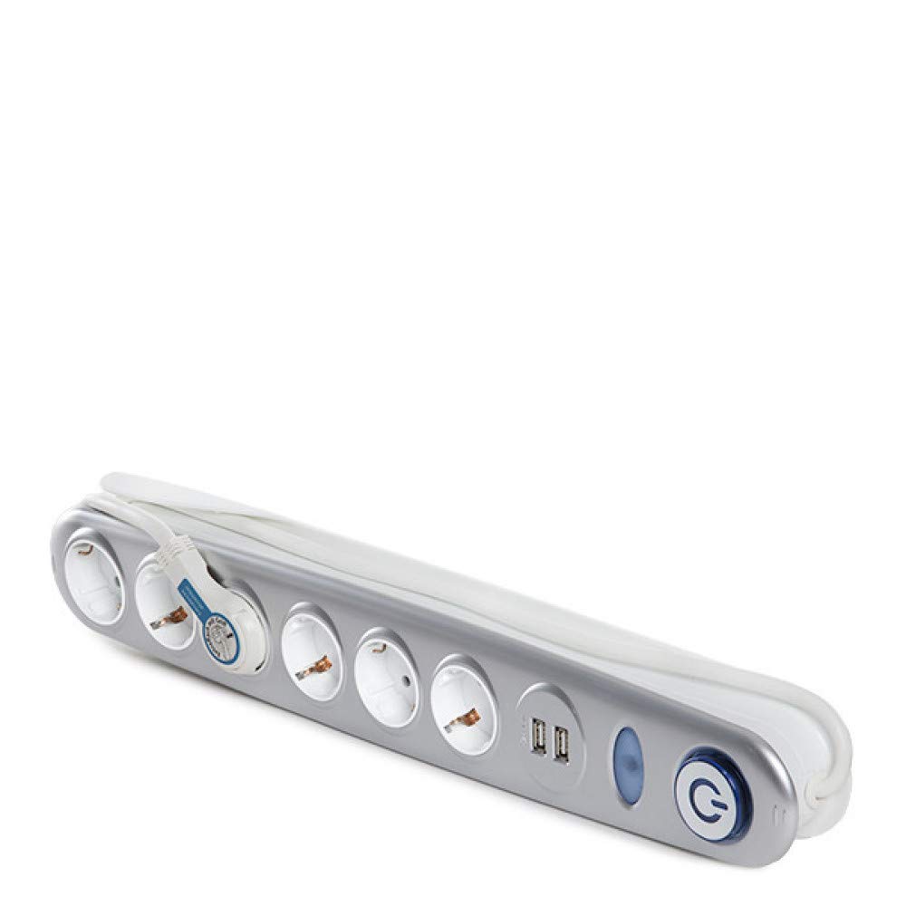 Greenice Enchufe 6 X Toma Corriente + Interruptor Luminoso + 2 X Usb Cargador 2100 Ma 5V - IP20 - Blanco/Plata
