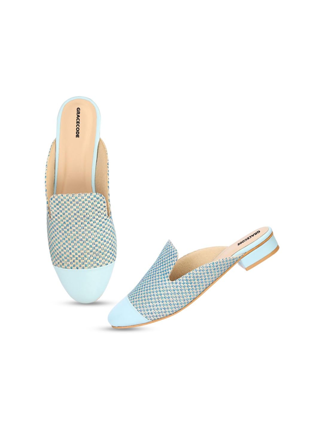 gracecode Women's Woven Mules, Blue and Beige, Slip-On Flat Mules-picture-53