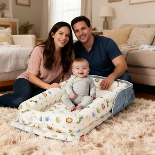 Image of Baby Lounger for Newborn-Portable Baby Lounger 0-24 Months for Home and Travel,Newborn Loungers with Strap, Baby Nest Lounger Adjustable Size,Animal World Blue